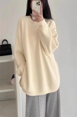时尚宽松显瘦元宝针羊毛衫女秋冬新款韩版百搭针织衫开叉毛衣外套，女装羊毛衫，泰沅羊绒
