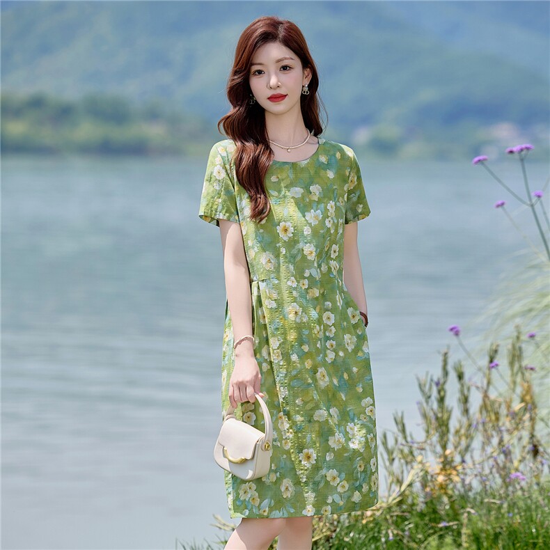 小清新绿色碎花棉麻连衣裙女2026夏季薄款宽松显瘦小个子休闲裙子,女装连衣裙,倪叶myz