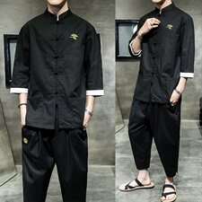 夏季新款中国风棉麻七分袖衬衫男士七分休闲裤大码套装TZ073/P100，男装套装，电商A008