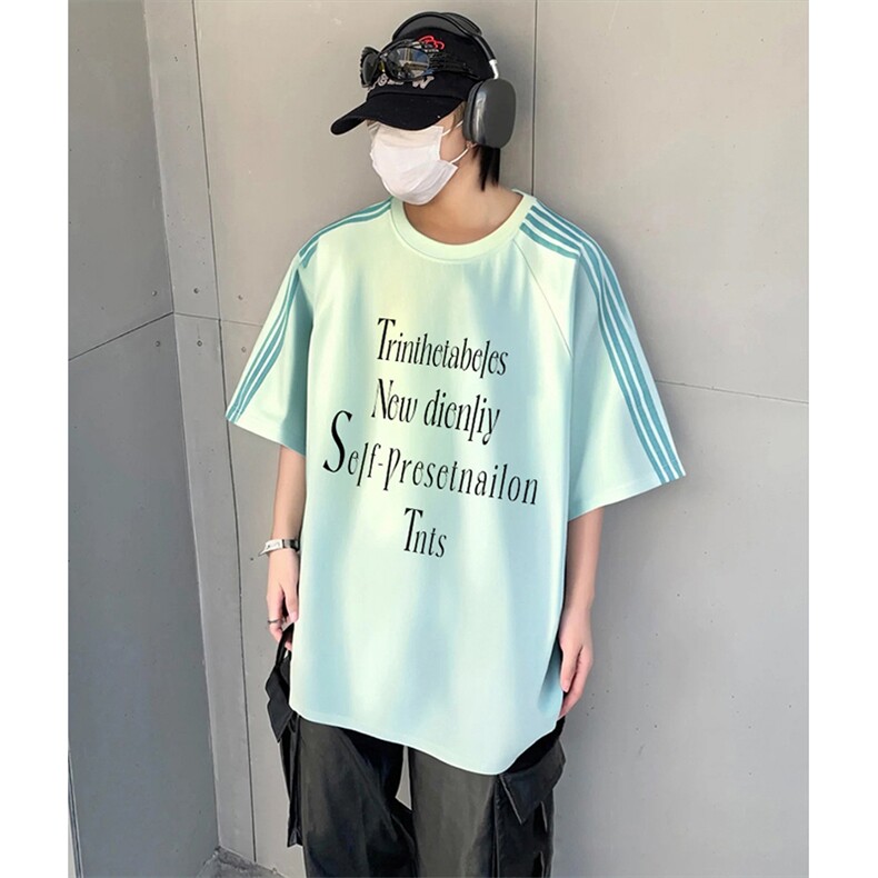 抖音得物品质二开240克宽松纯棉美式潮牌印花三条杠中性风短袖T恤,男装T恤,电商A486-1