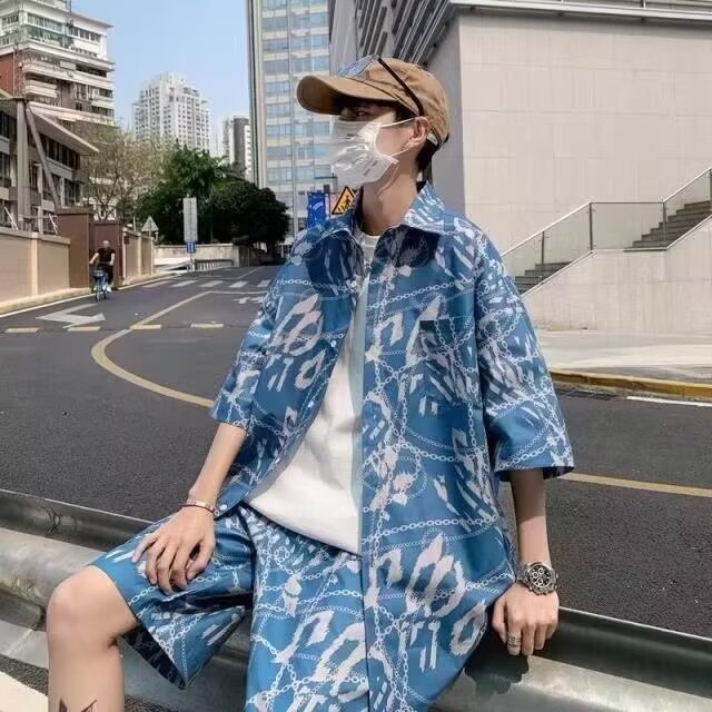 衬衣两件花衬衫短裤套装男士宽松复古着满印衬衫海边沙滩短袖,男装衬衫,星座1210-1