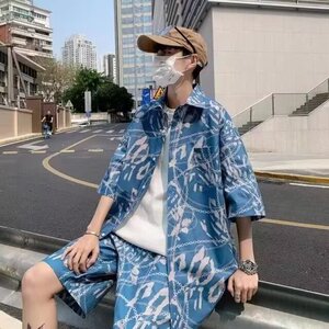 衬衣两件花衬衫短裤套装男士宽松复古着满印衬衫海边沙滩短袖图片