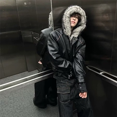2025冬季潮毛领连帽仿兔毛座山雕皮棉服cleanfit短宽棉衣派克服，男装棉衣，星座1210-1
