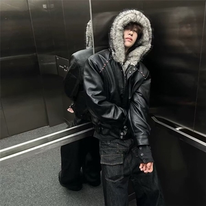 2025冬季潮毛领连帽仿兔毛座山雕皮棉服cleanfit短宽棉衣派克服图片