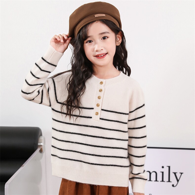 时尚条纹五扣女童毛衣舒适保暖，童装卫衣/绒衫，绒颖羊绒