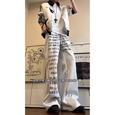 美式复古字母标语涂鸦休闲裤男女炸街直筒情侣休闲长裤LW266-P40，男装休闲裤，星座1008