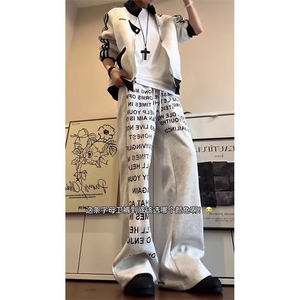 美式复古字母标语涂鸦休闲裤男女炸街直筒情侣休闲长裤LW266-P40图片