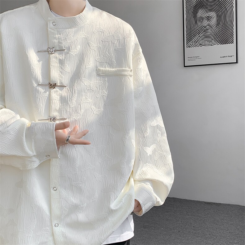 8XL-M特大码新中式蝴蝶扣暗纹长袖衬衫男复古装小众唐装CS509P55,男装衬衫,电商D206-1