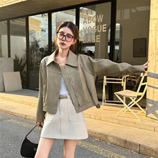 港式复古翻领时尚皮衣女短款2025春新款立领机车服韩系小个子上衣，女装皮衣，2C229