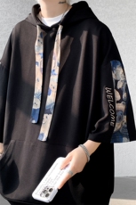 新中式男装中国风连帽短袖卫衣男刺绣美式夏季潮牌重磅7七分袖t恤，男装T恤，电商A059