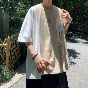 男士短袖t恤夏季新款潮流撞色五分袖鹿皮绒小众设计中袖上衣 p38图片