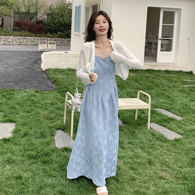 温柔风蓝色吊带裙套装女2025夏新款法式针织开衫提花连衣裙两件套,女装连衣裙,2C269