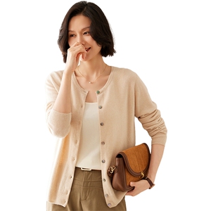 2025秋季新款女士圆领长袖短款开衫通勤百搭35%羊绒衫图片