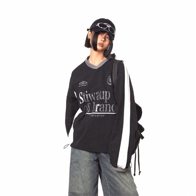 美式潮牌徽章标语撞色圆领卫衣春秋季拼接宽松休闲，男装卫衣，星座716-2