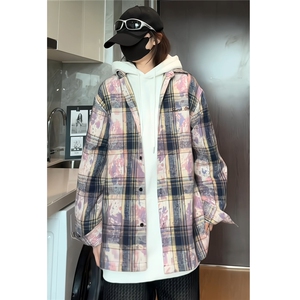 加厚泼墨扎染时尚格子男士长袖衬衫情侣休闲衬衣外套 CS908-P48图片