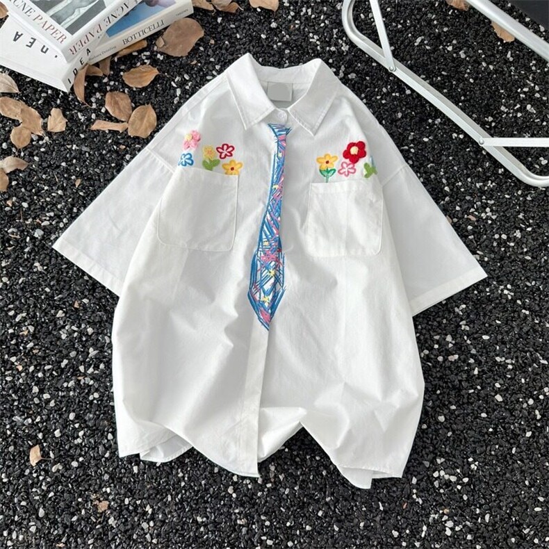 SEVP创意设计感花卉蜡笔手绘领带短袖衬衫男女趣味学院风涂鸦衬衣,男装工装外套,星座1013