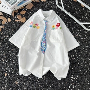 SEVP创意设计感花卉蜡笔手绘领带短袖衬衫男女趣味学院风涂鸦衬衣图片