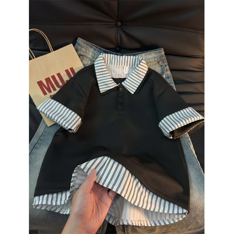 美式学院风polo衫男夏季高级感假两件短袖潮牌半袖t恤LD9022-P40,男装T恤,星座1008