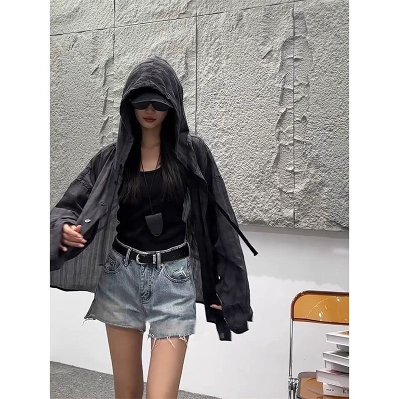 慵懒风松弛感格纹防晒衬衫女新款夏季宽松长袖亚麻上衣连帽外套潮图片