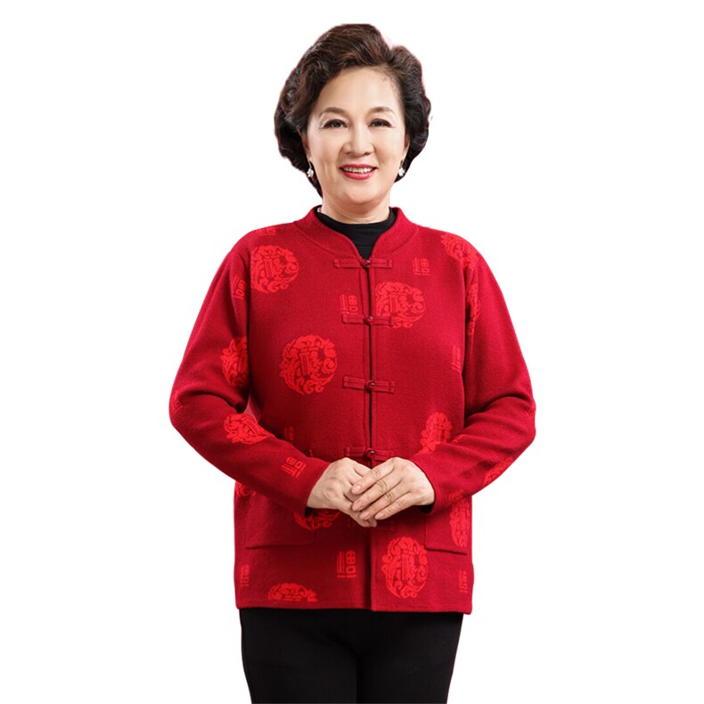 中老年人情侣唐装男女羊毛开衫爸妈本命年红毛衣爷爷奶奶秋冬外套,女装羊毛衫,衣恋羊绒
