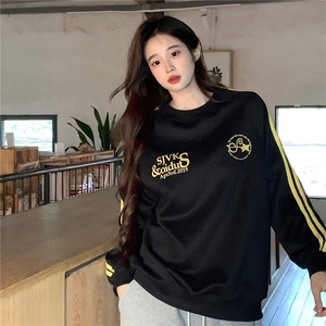 EE076-P55卫衣男女情侣薄款2024潮流宽松设计感条纹圆领韩版上衣图片