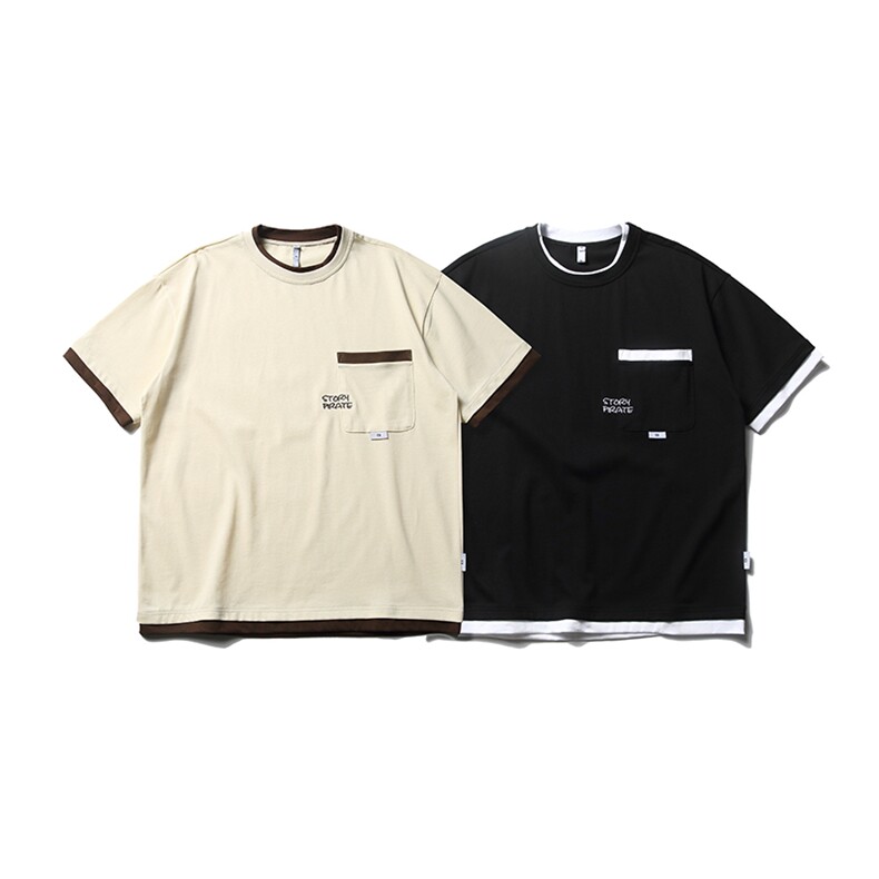 南夏乔装2025夏款纯色口袋装饰圆领T恤日系潮流假两件刺绣短袖男,男装T恤,电商S006（B521）
