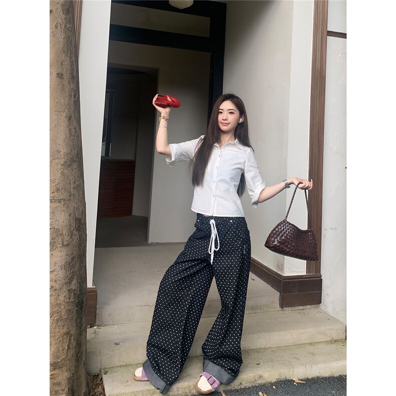 美式设计感波点抽绳休闲裤男女宽松百搭直筒牛仔长裤LNK0077-P50,男装牛仔裤,星座1008