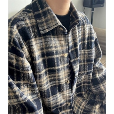 黑色磨毛格子衬衫男长袖加厚秋冬小香风外套oversize美式格纹衬衣，男装衬衫，星座506A