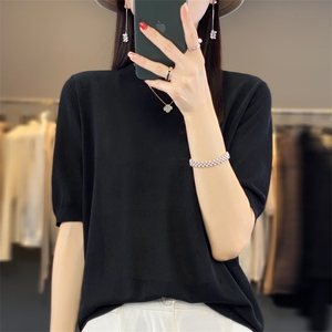 薄款超细精纺短袖天丝羊毛衫女春秋夏圆领宽松针织打底衫半袖T恤图片