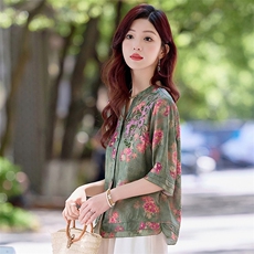 现货！夏季新款2025套装女简约时尚优雅气质天丝麻料印花刺绣上衣，女装衬衫，涵墨