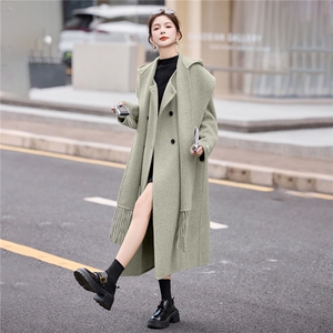 双面羊毛大衣女2025春秋气质围巾连帽小香风时尚毛呢外套两件套潮图片