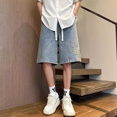 新中式风竹子刺绣牛仔短裤男夏季薄款情侣高街休闲五分裤，男装牛仔裤，星座516A