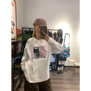网图有货 美式拼贴小猫设计感刺绣印花长袖宽松T恤男女 A979-P35图片