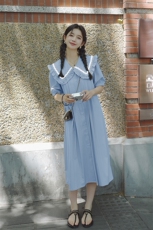 减龄开衫海军娃娃领杏色连衣裙女夏季2025新款初恋清纯奶甜长裙子，女装连衣裙，浙宝276（原081）