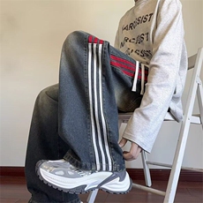 美式条纹牛仔裤男生秋季校园风拼接设计直筒弯刀裤宽松大码阔腿裤，男装牛仔裤，星座1001-1