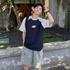 抖音得物高品质二开240克宽松纯棉美式潮牌插肩袖拼接短袖T恤，男装T恤，电商A486