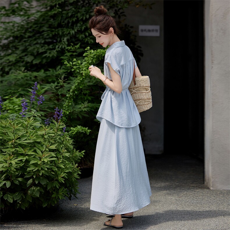 优雅新中潮夏日裙两件套女2025夏季新款设计感衬衫半身裙套装显瘦,女装套装/套裙,意芙