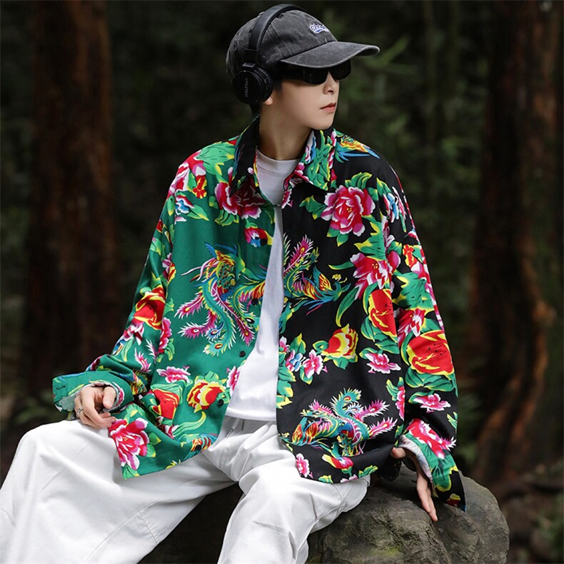 PC203男士休闲东北大花拼接长袖衬衫外套男女宽松寸衣汉服演出服,男装衬衫,星座115A(原星座507）