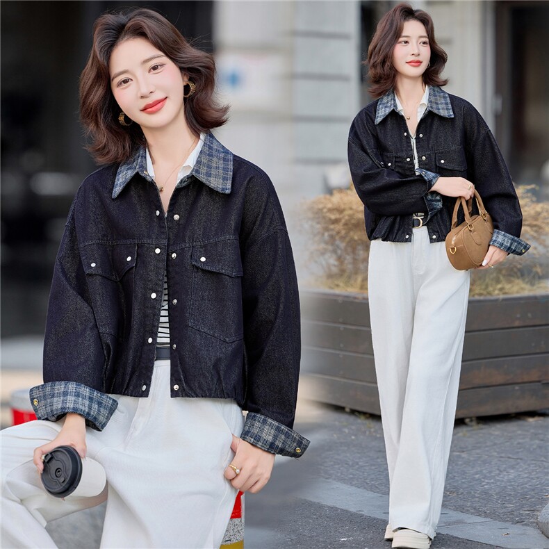 2025年秋季新款撞色拼接牛仔外套格纹拼接衬衫领牛仔上衣，女装短外套，慕依路