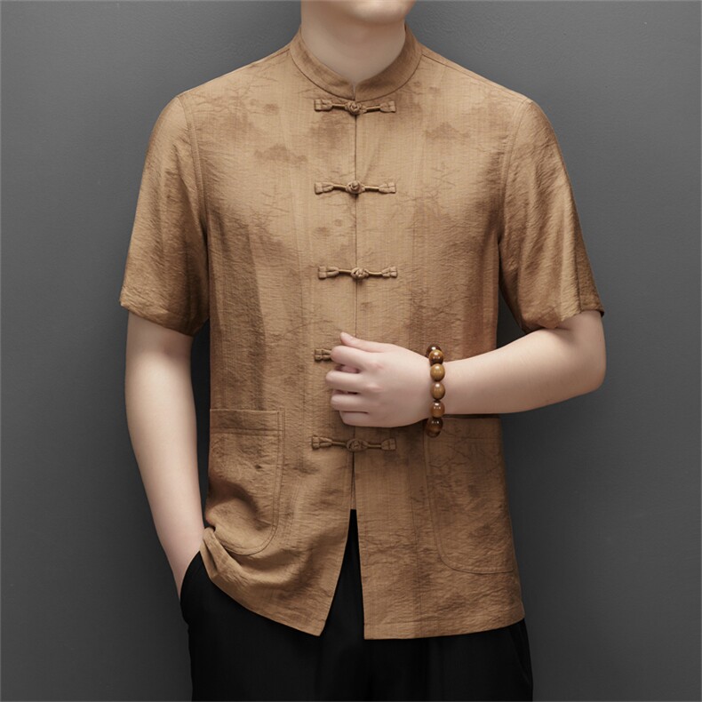 中山装男士短袖衬衫夏季中老年唐装衬衣爸爸装结婚礼服套装P108,男装衬衫,钱塘6003B