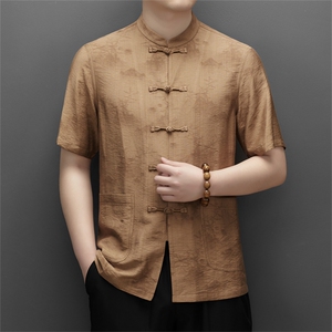 中山装男士短袖衬衫夏季中老年唐装衬衣爸爸装结婚礼服套装P108图片