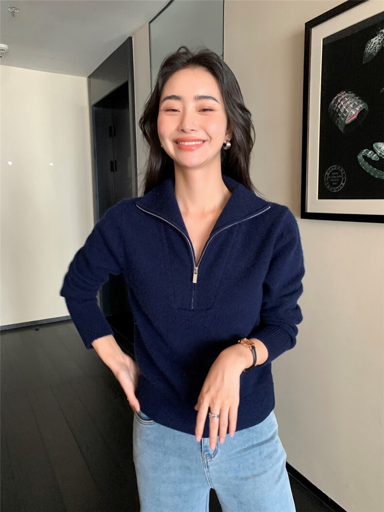 秋冬新款半高领女半拉链修身套头毛衣保暖上衣针织衫打底,针织衫/毛衣,玛卡隆羊绒