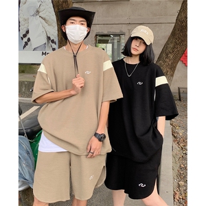 情侣装夏装新款华夫格撞色拼接套装男女宽松半袖T恤潮 D295 P68图片