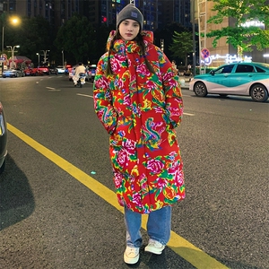 A5长款棉衣外套东北大花风汉服男女宽松保暖防寒连帽棉袄情侣图片