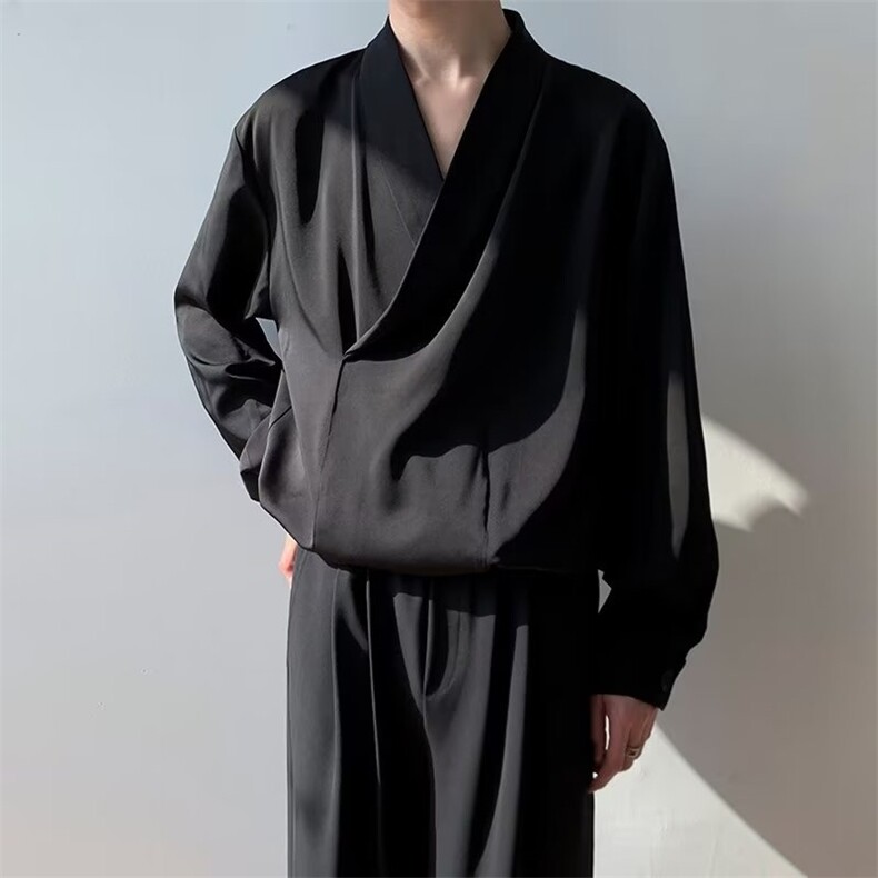 高街潮流轻熟风长袖上衣设计感小众黑色V领衬衫男W6940-P35,男装衬衫,星座512-2