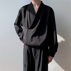 高街潮流轻熟风长袖上衣设计感小众黑色V领衬衫男W6940-P35，男装衬衫，星座512-2