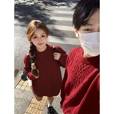 复古麻花设计感红色圆领毛衣男秋冬宽松情侣装打底针织衫，男装T恤，星座1210-1