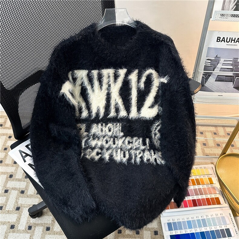 仿貂绒圆领毛衣潮牌宽松百搭字母提花情侣软糯针织衫MY382-P58，男装针织衫/毛衣，星座313A-2