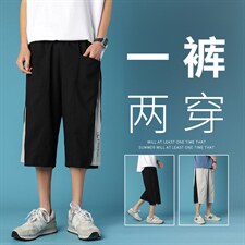 港风男士宽松直筒潮流运动休闲ins蓝底潮牌七分裤DK7108-P43控68，男装休闲裤，星座717