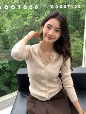 秋冬新款v领蕾丝边衫女修身开衫上衣针织衫，女装针织衫/毛衣，玛卡隆羊绒